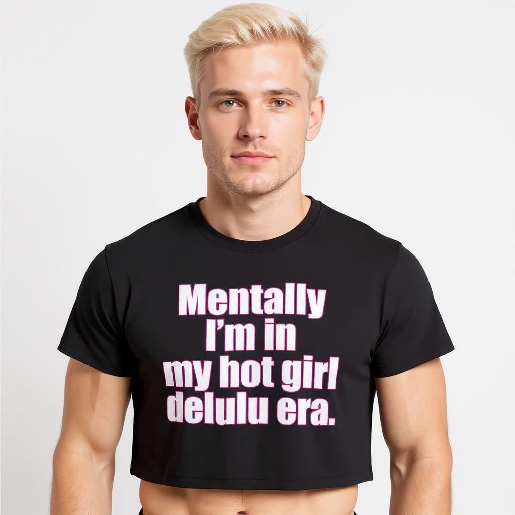 Blonde male model wearing a black crop top with bold pink and white text reading “Mentally I’m in my hot girl delulu era.” The