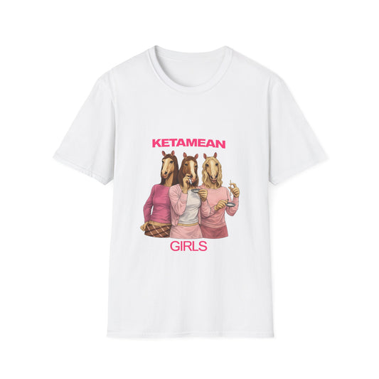 White t-shirt with 'Ketamean Girls' graphic design on a white background