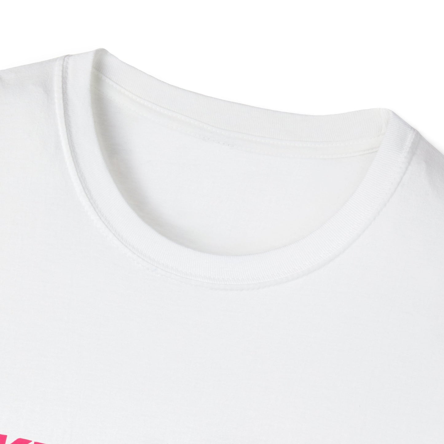 Close-up of a white t-shirt with a pink logo on a white background
