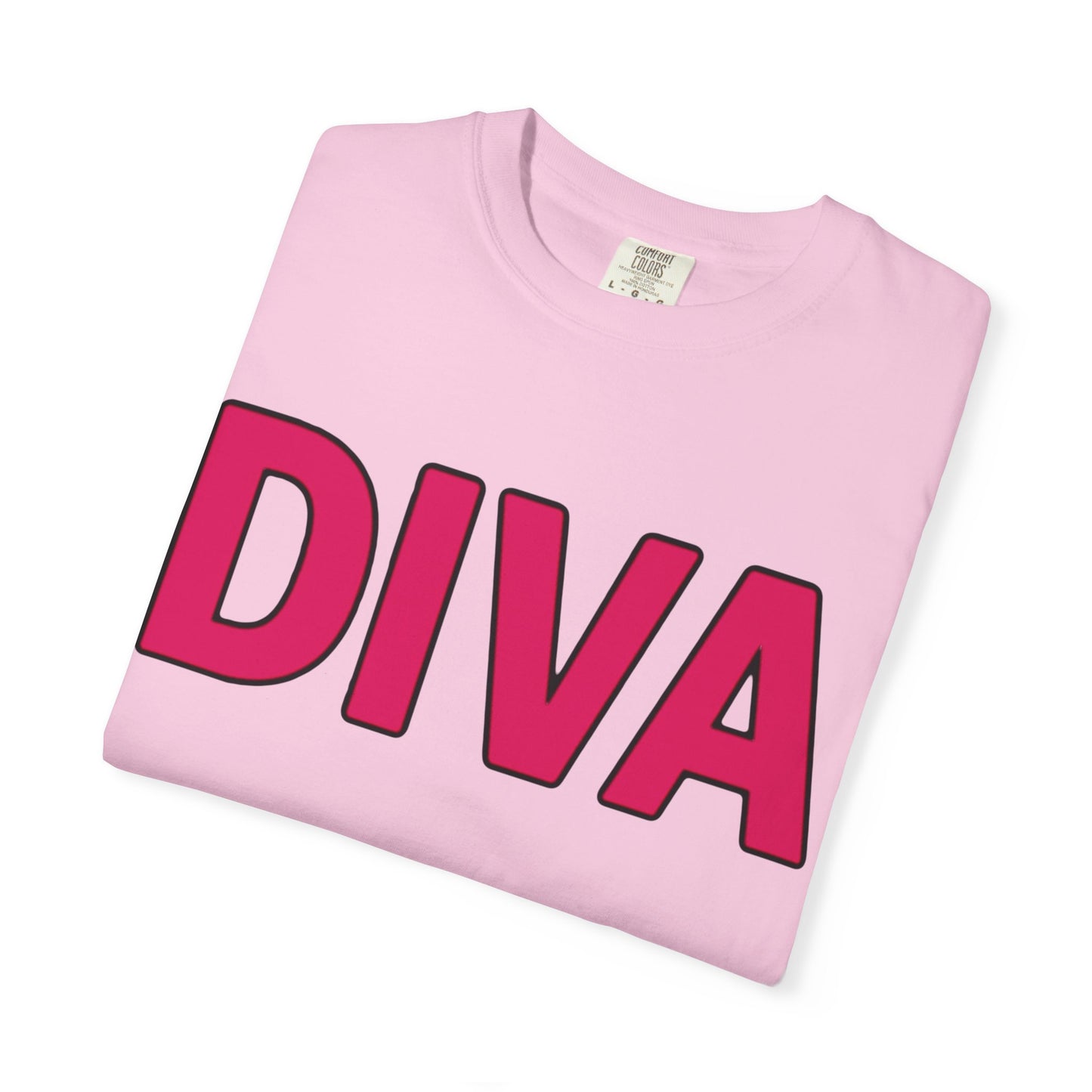 Pink t-shirt with 'DIVA' printed in red on a white background
