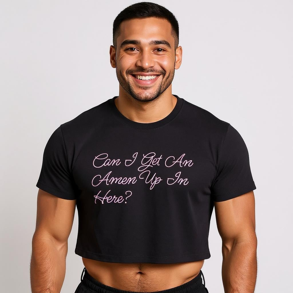 Man wearing a black t-shirt with text "Can I Get An Amen Up In Here" on a plain background. LGBTQ+ merch from The Bayou WeHo in West Hollywood, Los Angeles.