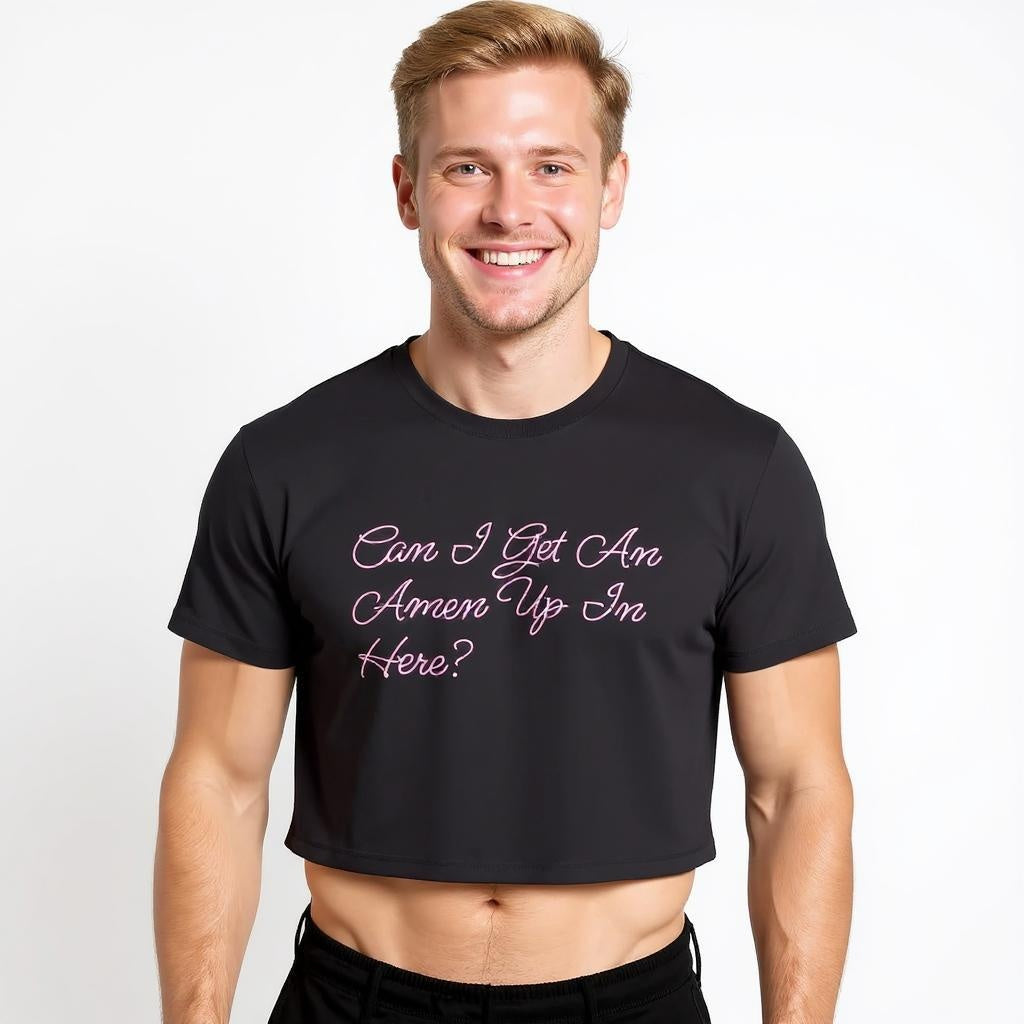 Man wearing a black t-shirt with text saying "Can I Get An Amen Up In Here" on a white background. LGBTQ+ merch from The Bayou WeHo in West Hollywood, Los Angeles.