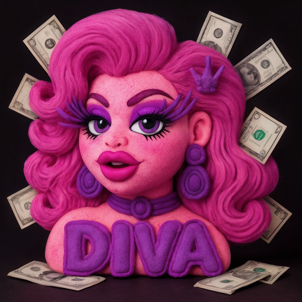Colorful figurine with pink hair and 'DIVA' text surrounded by dollar bills on a dark background focusing on the cheapest drinking places in los angeles, the bayou weho