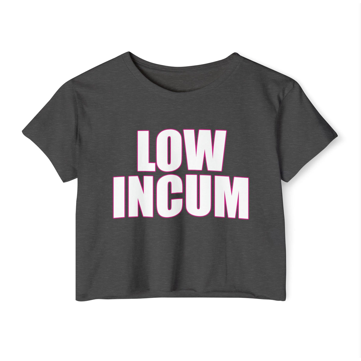 Bold black crop top with viral gay slogan ‘LOW INCUM’ in large text, worn by a muscular model celebrating unapologetic queer expression and Gen Z humor. LGBTQ+ merch from The Bayou WeHo in West Hollywood, Los Angeles.