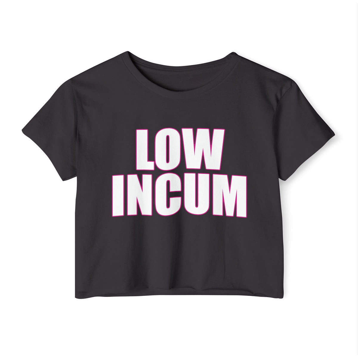 Empowering queer fashion crop top with satirical ‘LOW INCUM’ slogan, modeled by a fit male presenting figure embracing body-affirming and playful LGBTQ+. LGBTQ+ merch from The Bayou WeHo in West Hollywood, Los Angeles.