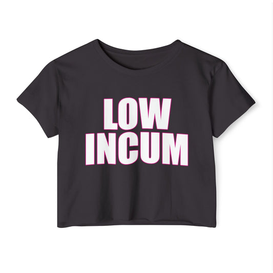 Empowering queer fashion crop top with satirical ‘LOW INCUM’ slogan, modeled by a fit male presenting figure embracing body-affirming and playful LGBTQ+ style.