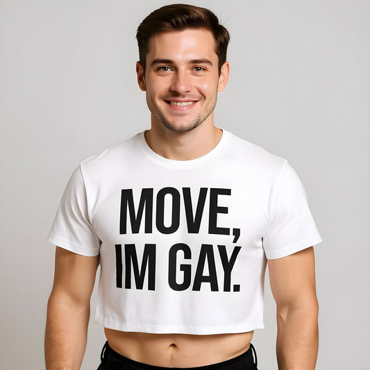 Man wearing a white t-shirt with 'MOVE, I'M GAY.' text on a plain background
