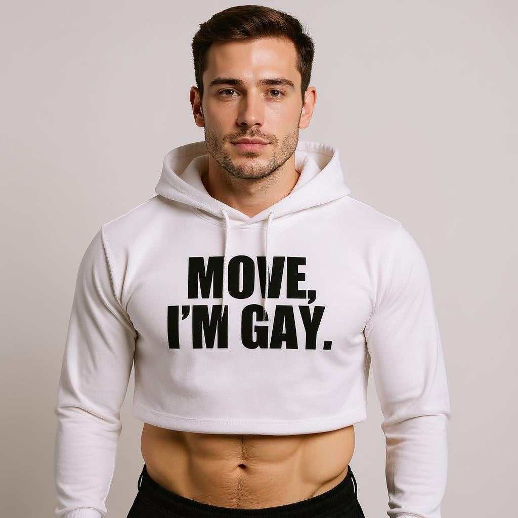 Man wearing a white hoodie with 'MOVE, I'M GAY.' text on a plain background. LGBTQ+ merch from The Bayou WeHo in West Hollywood, Los Angeles.