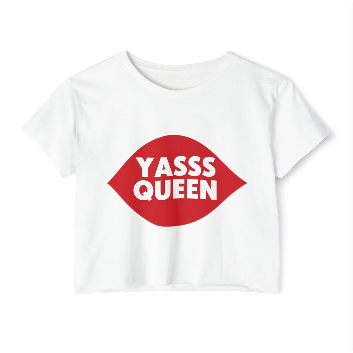 White crop top featuring a red lips graphic with Yasss Queen lettering, front view. LGBTQ+ merch from The Bayou WeHo in West Hollywood, Los Angeles.