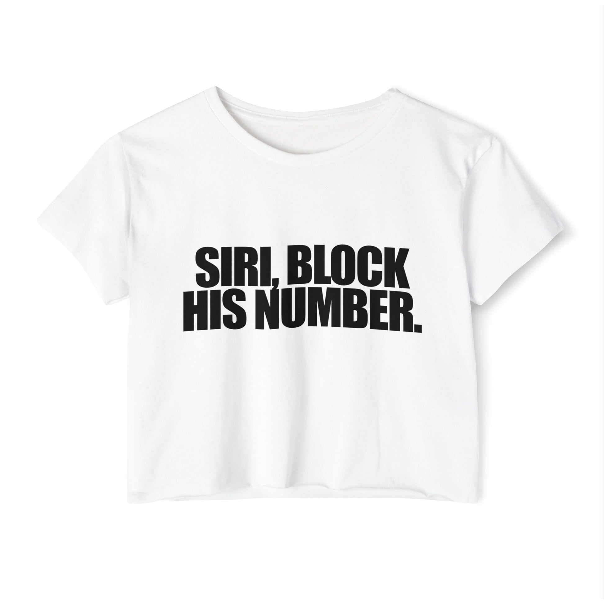 Statement crop top with rainbow typography, an empowering LGBTQ+ fashion piece for Pride Month, the "Siri, Block His Number" crop top