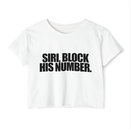 Statement crop top with rainbow typography, an empowering LGBTQ+ fashion piece for Pride Month, the "Siri, Block His Number" crop top