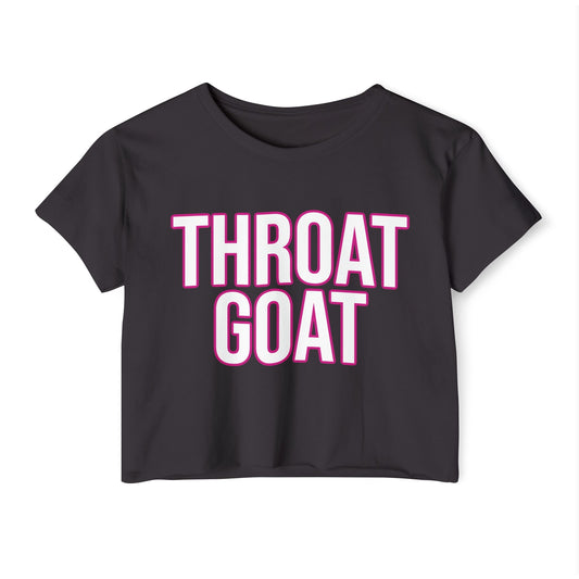 Black t-shirt with 'THROAT GOAT' text in pink on a white background