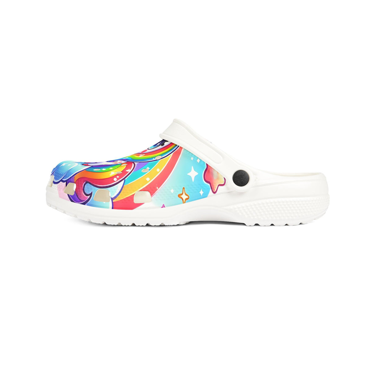 Bold and campy LGBTQ+ unicorn clogs with vibrant rainbow details, perfect for gender-inclusive style, pastelcore outfits, and viral Gen Z TikTok fashion. LGBTQ+ merch from The Bayou WeHo in West Hollywood, Los Angeles.