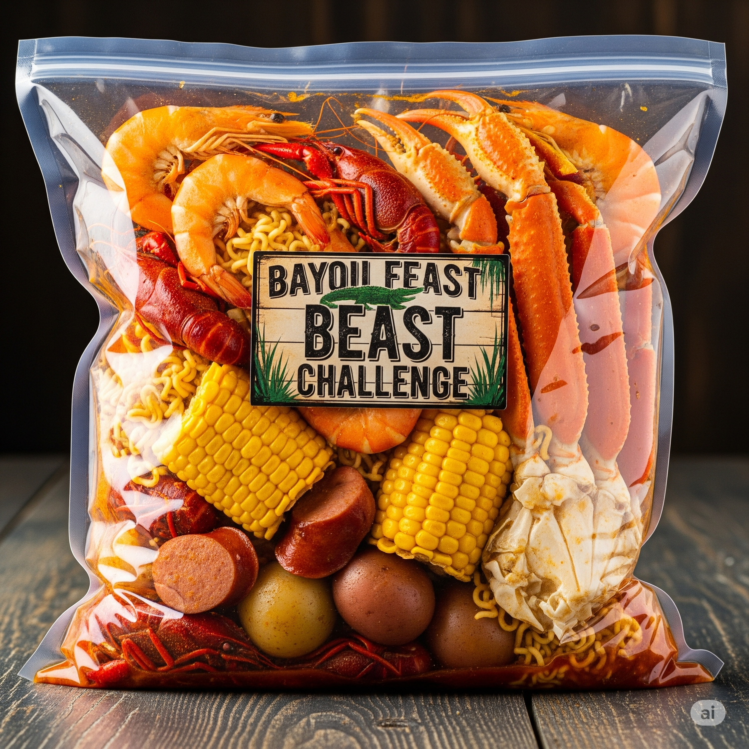 Packaged seafood mix with 'Bayou Feast Beast Challenge' label on a wooden surface