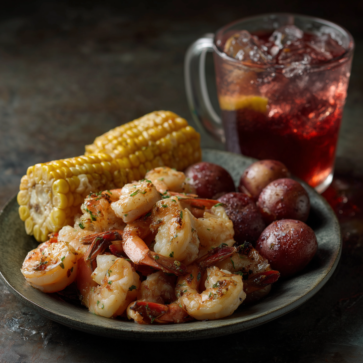 Hyper-realistic Cajun seafood boil with buttery shrimp piled high, juicy red baby potatoes, and sweet corn on the cob, served beside a large glass of fruity iced cocktail. Styled in dark moody tones with vibrant pops of color, evoking festive LGBTQ+ vibes and mouthwatering Southern comfort food.