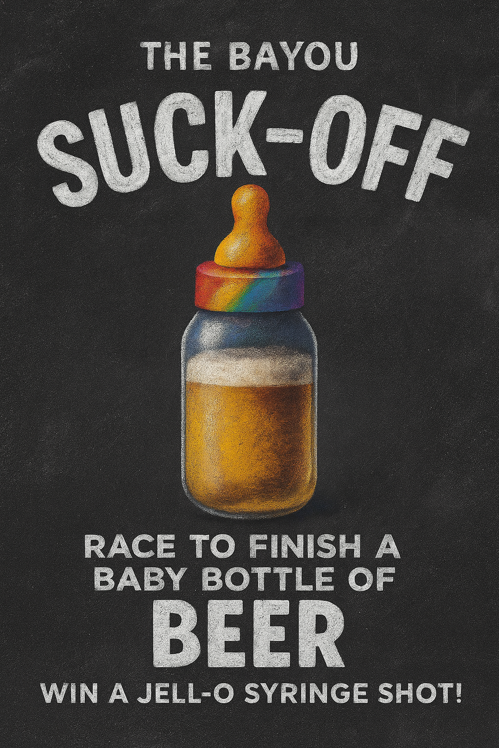Baby bottle of beer with rainbow cap on a dark background with text.