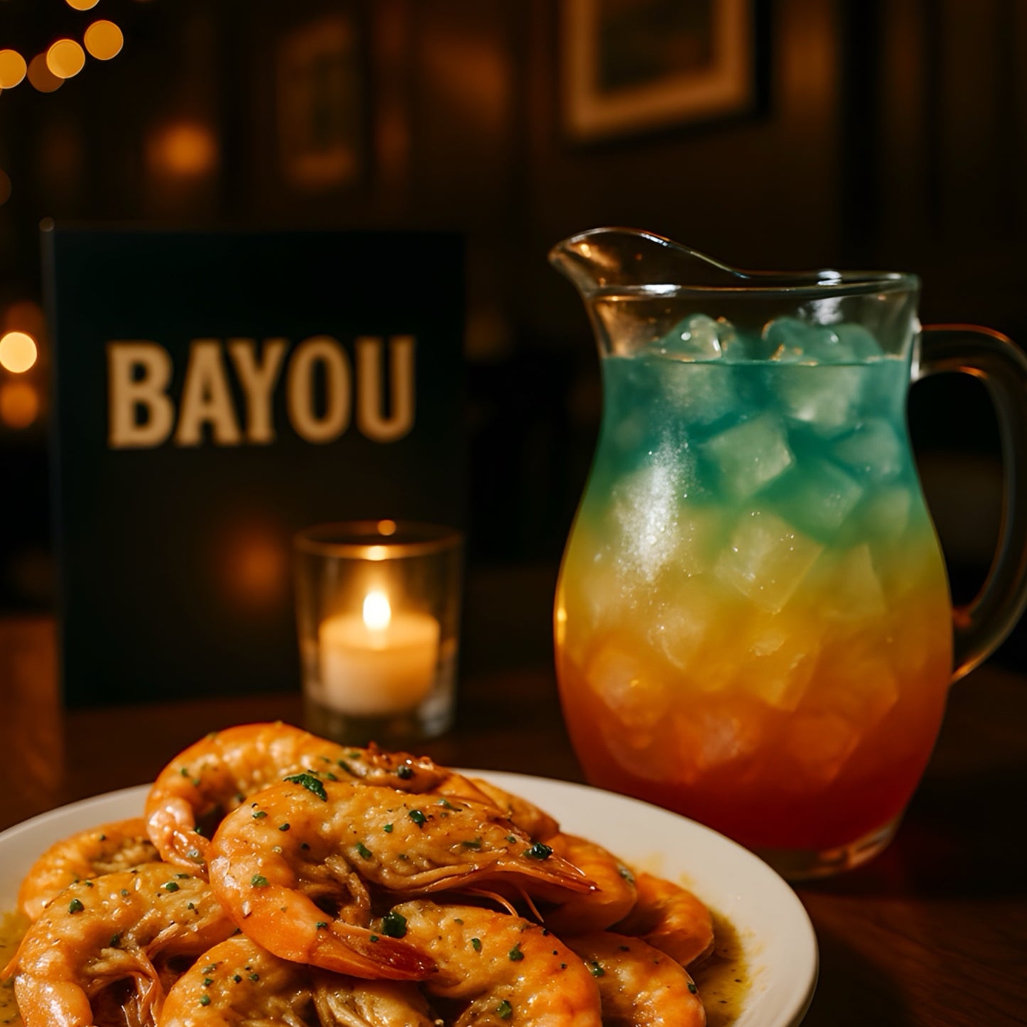 Romantic date night at The Bayou WeHo featuring a plate of Cajun garlic butter shrimp in golden sauce, paired with a colorful ice-filled cocktail pitcher under warm candlelight and string lights.