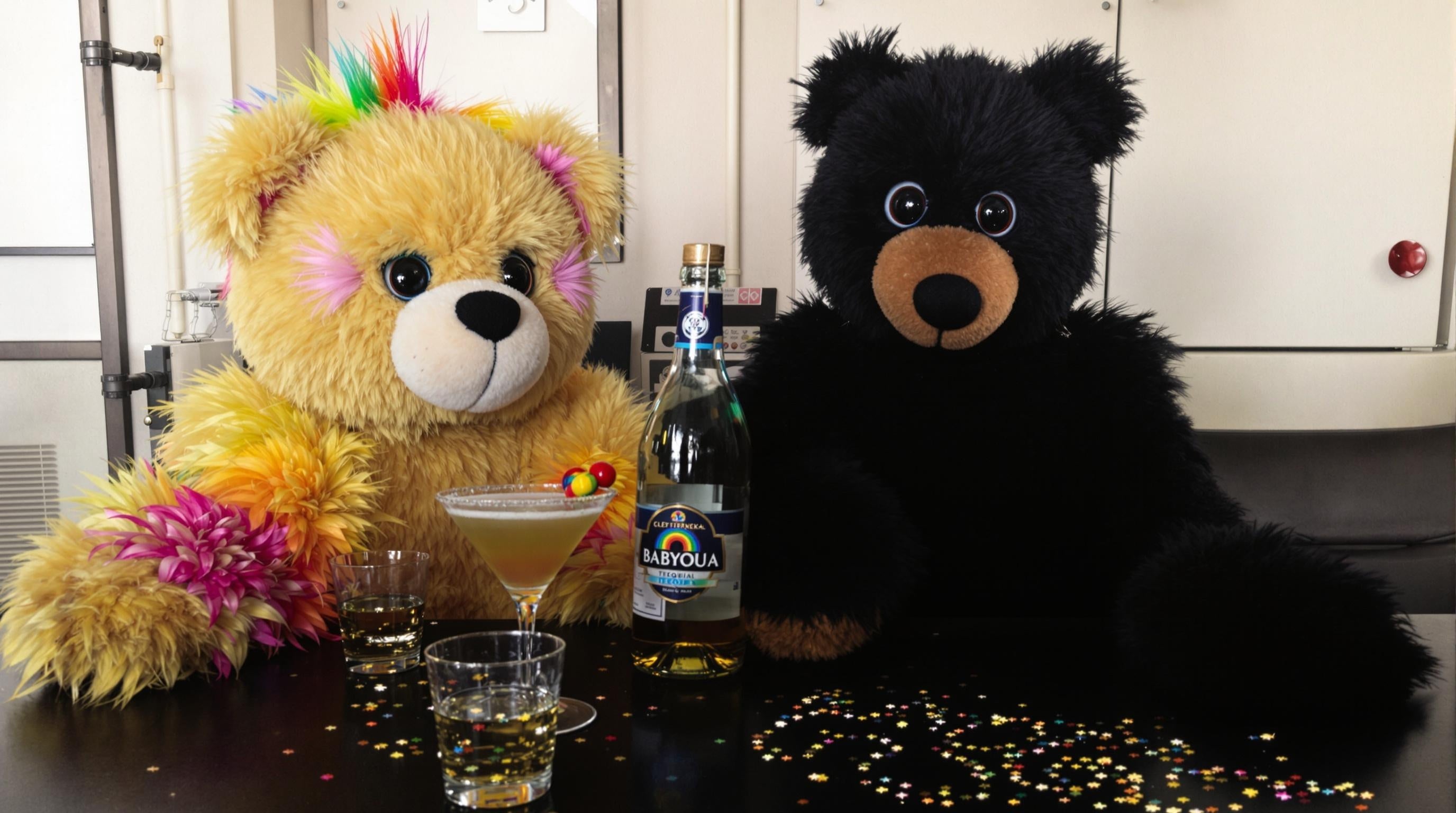 Two teddy bears, one yellow with colorful hair and the other black, sitting at a bar with a bottle of Absolut Vodka and glasses. Promoting event rental spaces in West Hollywood, CA