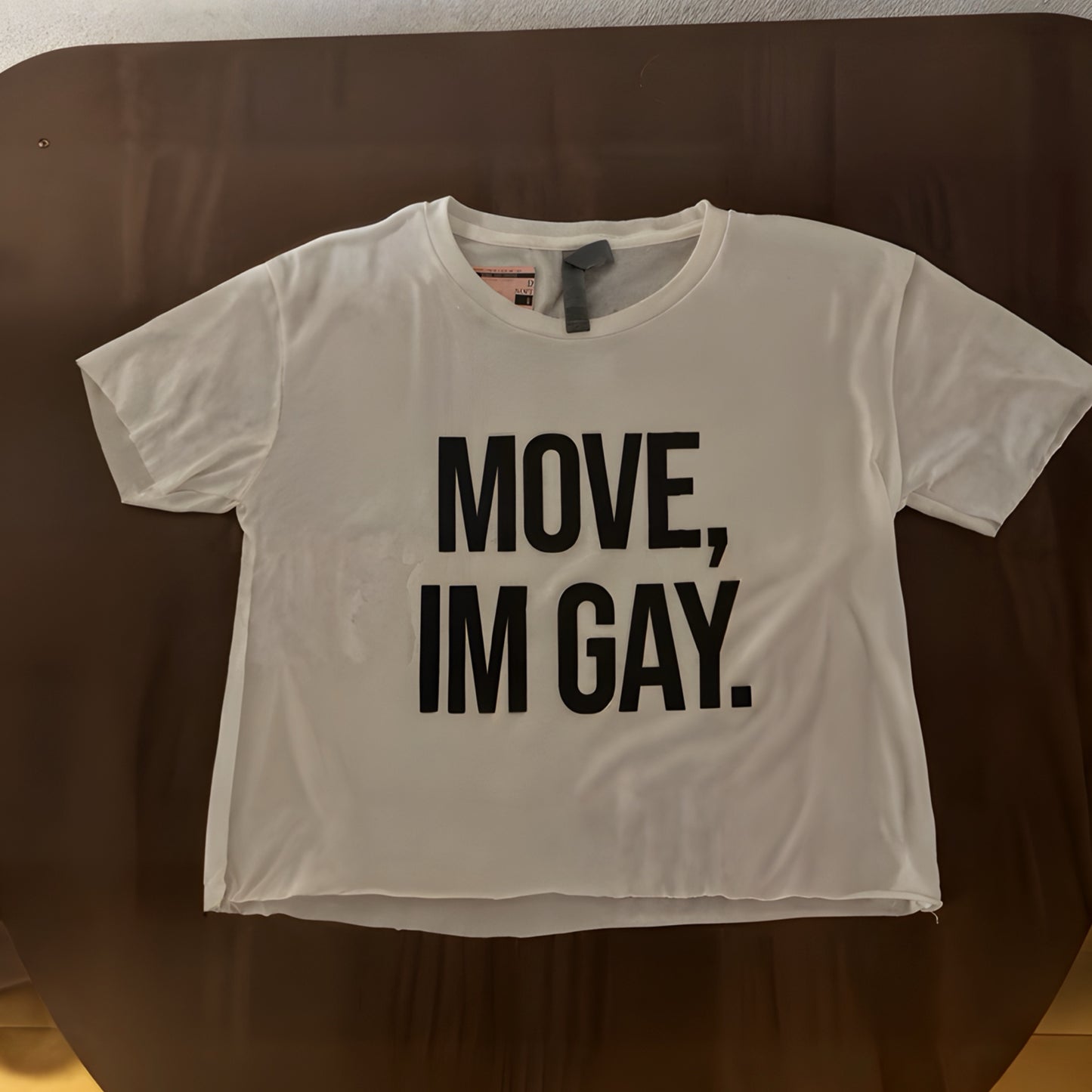 White t-shirt with 'MOVE, IM GAY.' text on a brown surface