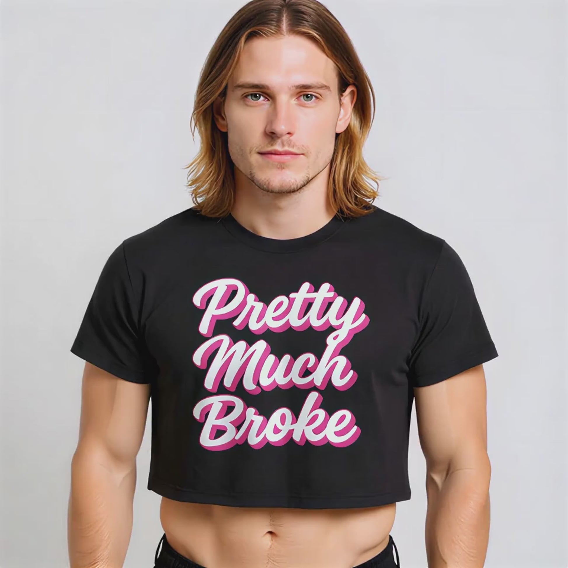 The “Pretty Much Broke” statement t-shirt is styled for LGBTQ+ and Gen Z streetwear and filmed in West Hollywood for bold, relatable queer fashion content.