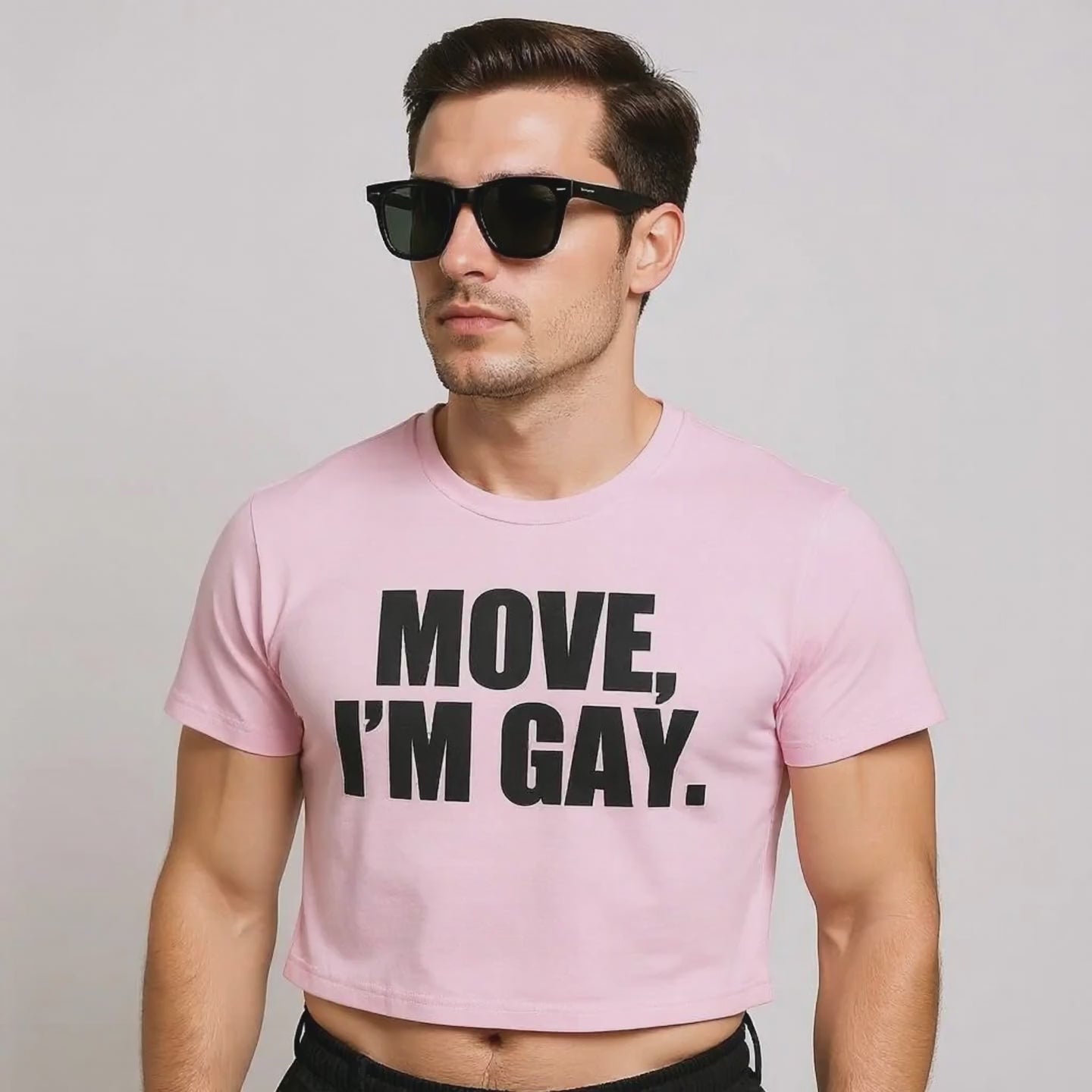 Model wearing “Move I’m Gay” crop top—a bold queer pride statement shirt in streetwear style.