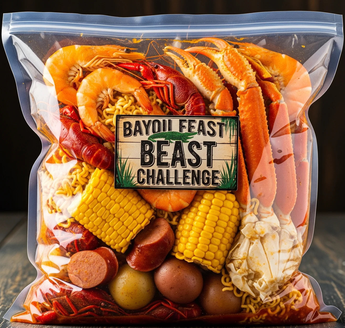 Packaged seafood mix with 'Bayou Feast Beast Challenge' label on a wooden surface