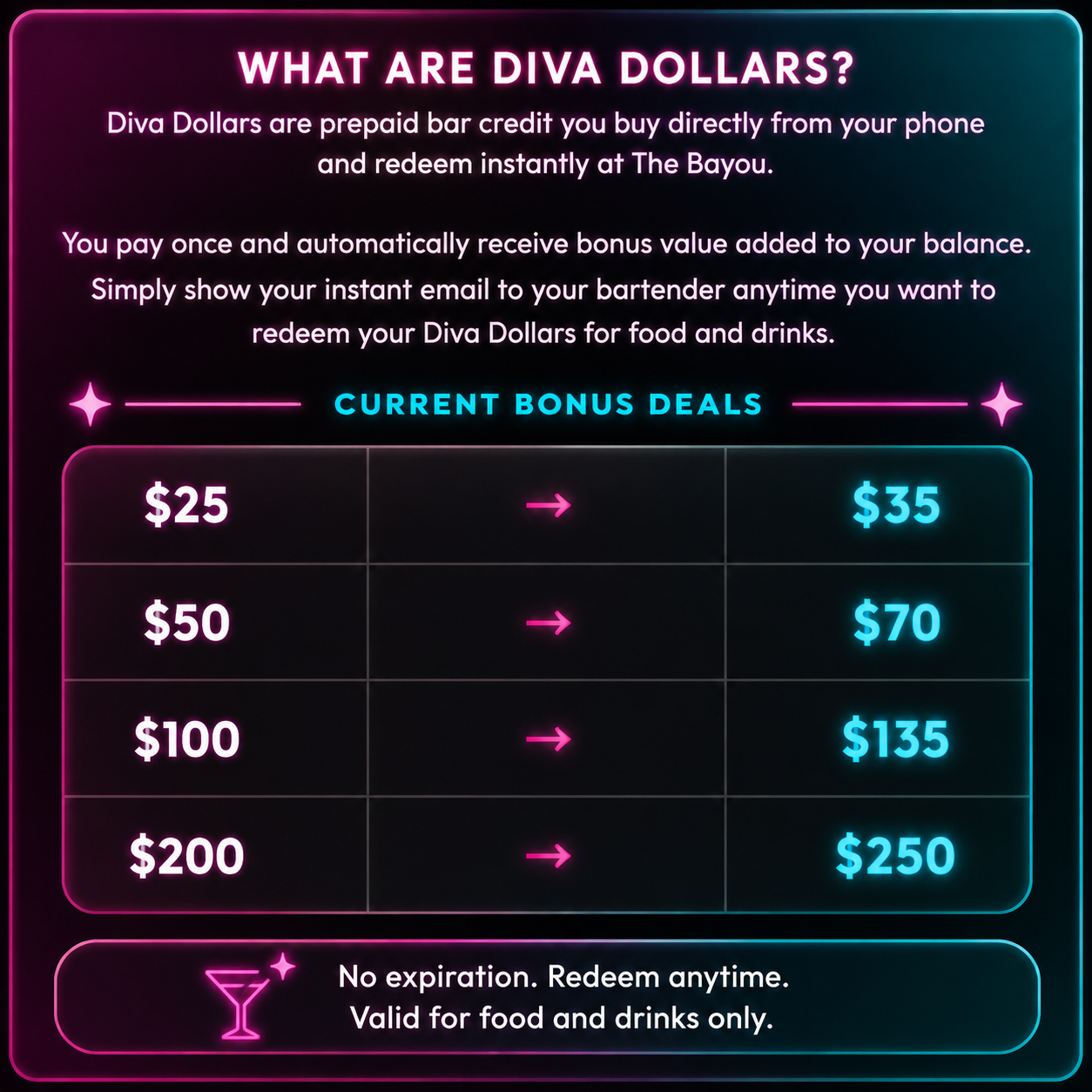 Promotional graphic for Diva Dollars with bonus deal information.