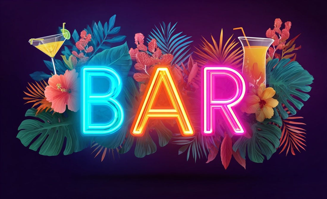 Vibrant neon ‘BAR’ sign surrounded by tropical leaves, hibiscus flowers, and colorful cocktails on a dark purple background, representing a lively West Hollywood nightlife or bar event theme.