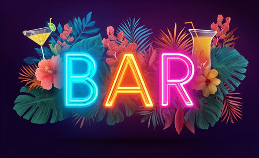 Vibrant neon ‘BAR’ sign surrounded by tropical leaves, hibiscus flowers, and colorful cocktails on a dark purple background, representing a lively West Hollywood nightlife or bar event theme.