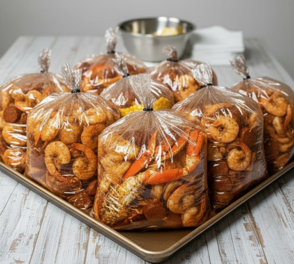 Plastic bags for cheap catering in los angeles filled with Cajun seafood boil — shrimp, crab legs, sausage, and corn — served fresh at The Bayou WeHo, a late-night restaurant in West Hollywood.