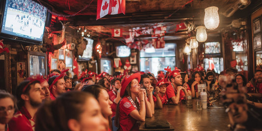 Crowded bar filled with festive patrons wearing red outfits and Canadian-themed accessories watching a sports game on TV, decorated with Canadian flags and holiday décor, capturing the lively atmosphere of a holiday pub crawl.