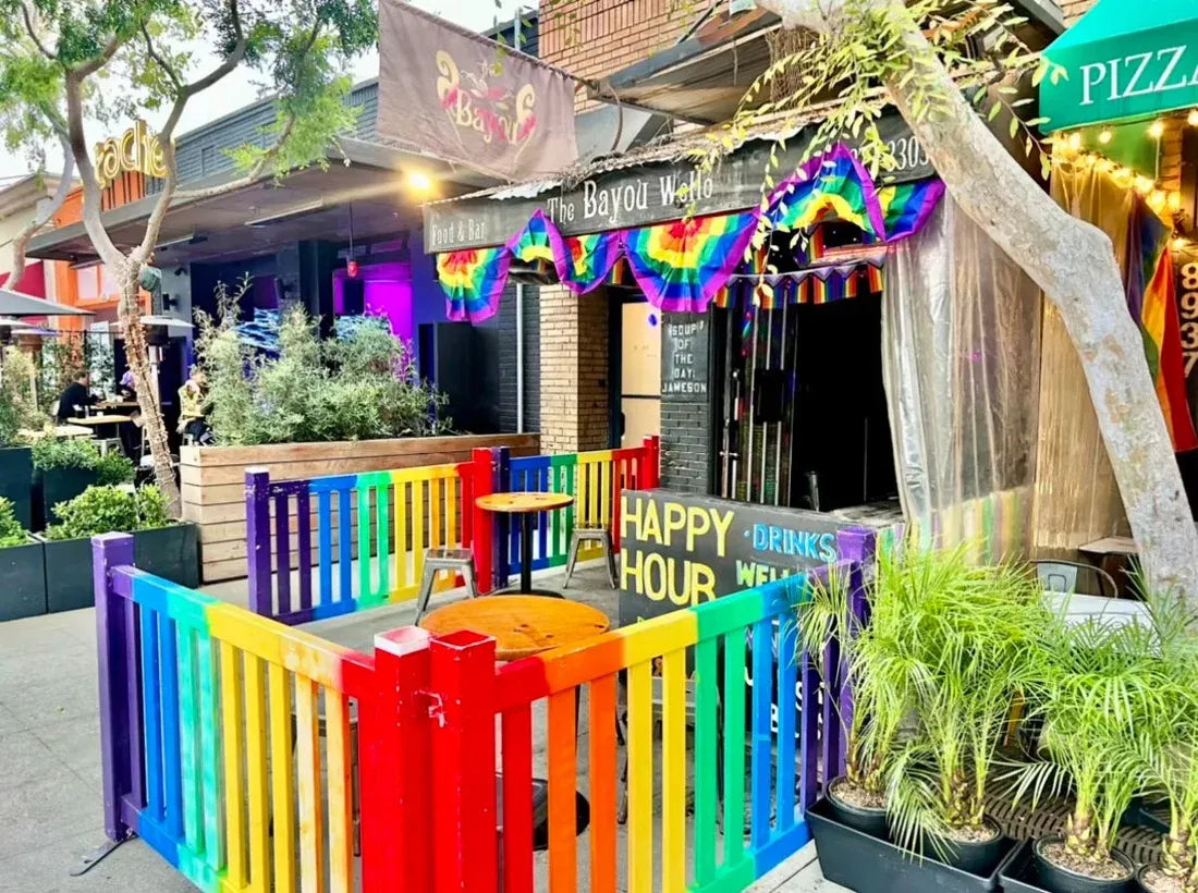 The Bayou WeHo private event rental venue in West Hollywood with colorful outdoor patio, bar entrance, and space for birthday parties, corporate events, and private celebrations