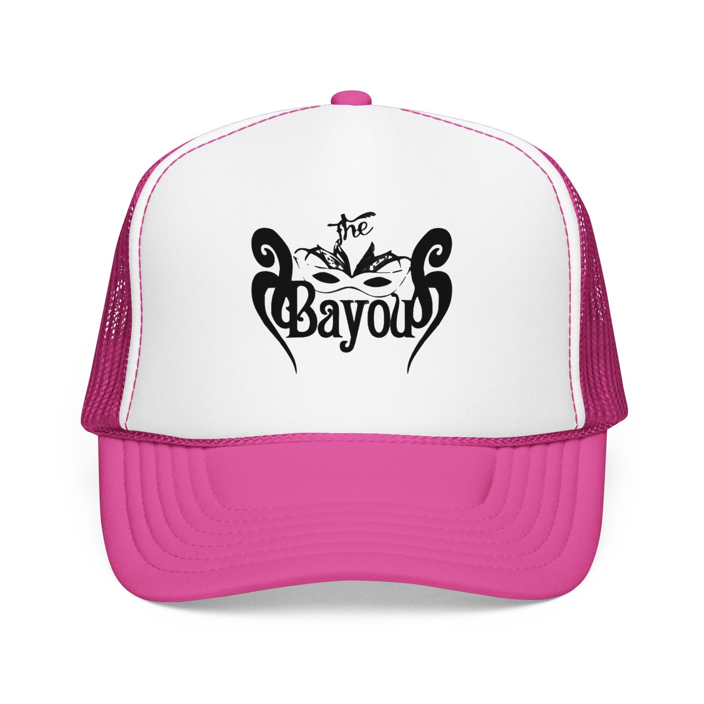 Pink and white trucker hat with 'The Bayou' logo on a white background