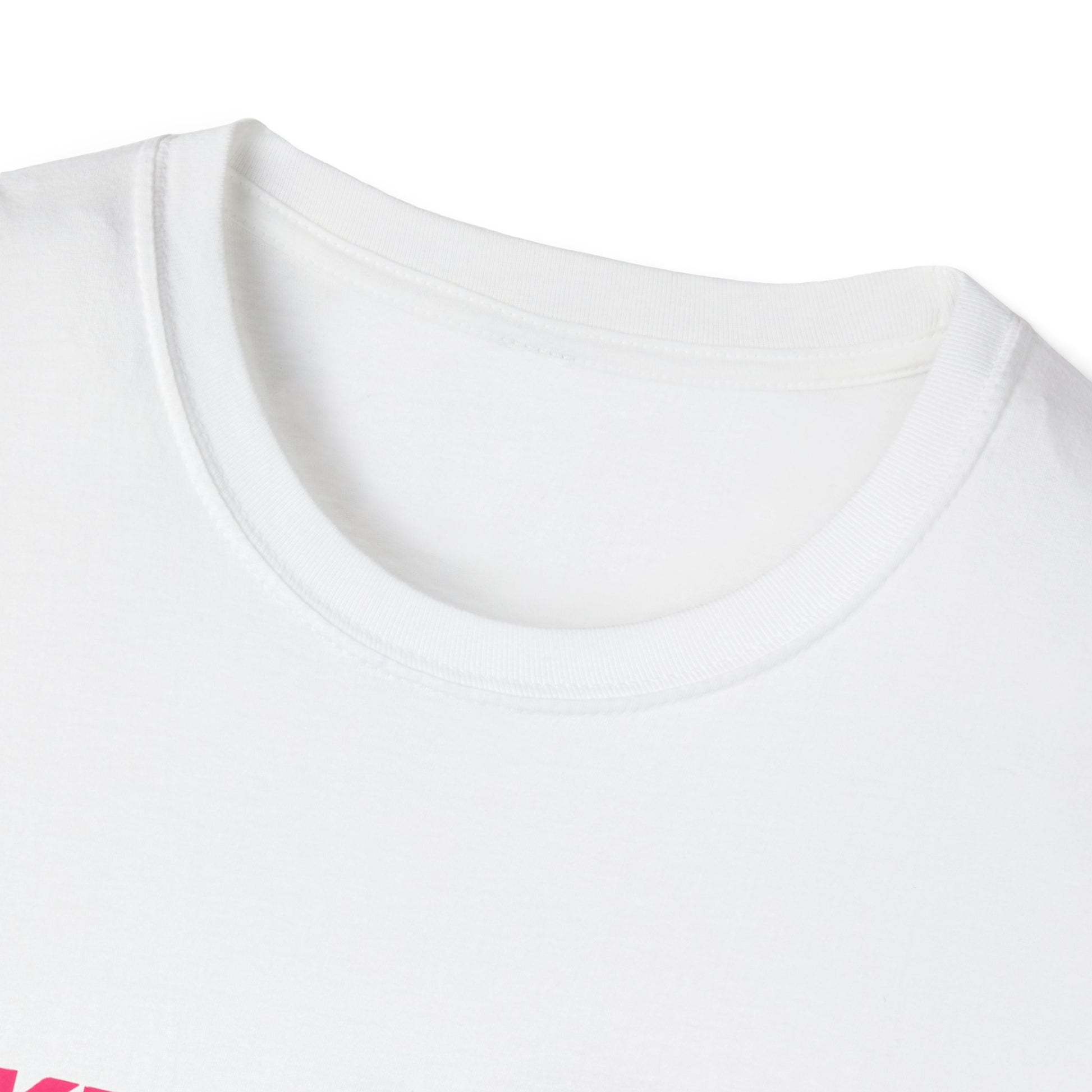 Close-up of a white t-shirt with a pink logo on a white background