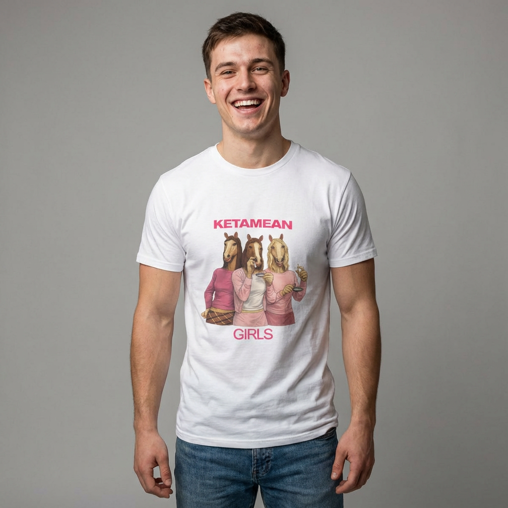 nostalgic graphic tees Ketamean Girls with three horses and a white shirt. Male model smiling.