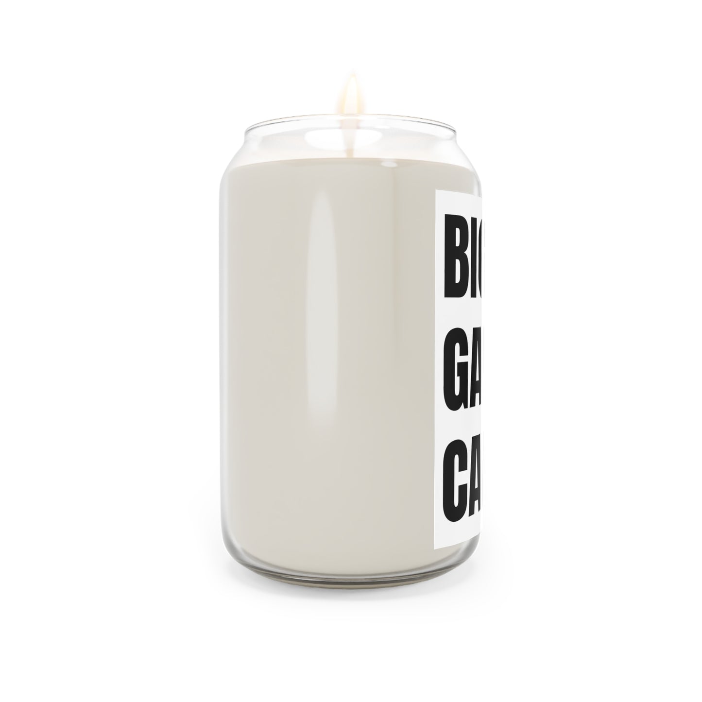White candle with a black and white label on a white background