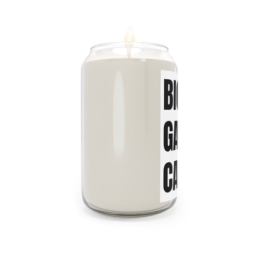 White candle with a black and white label on a white background