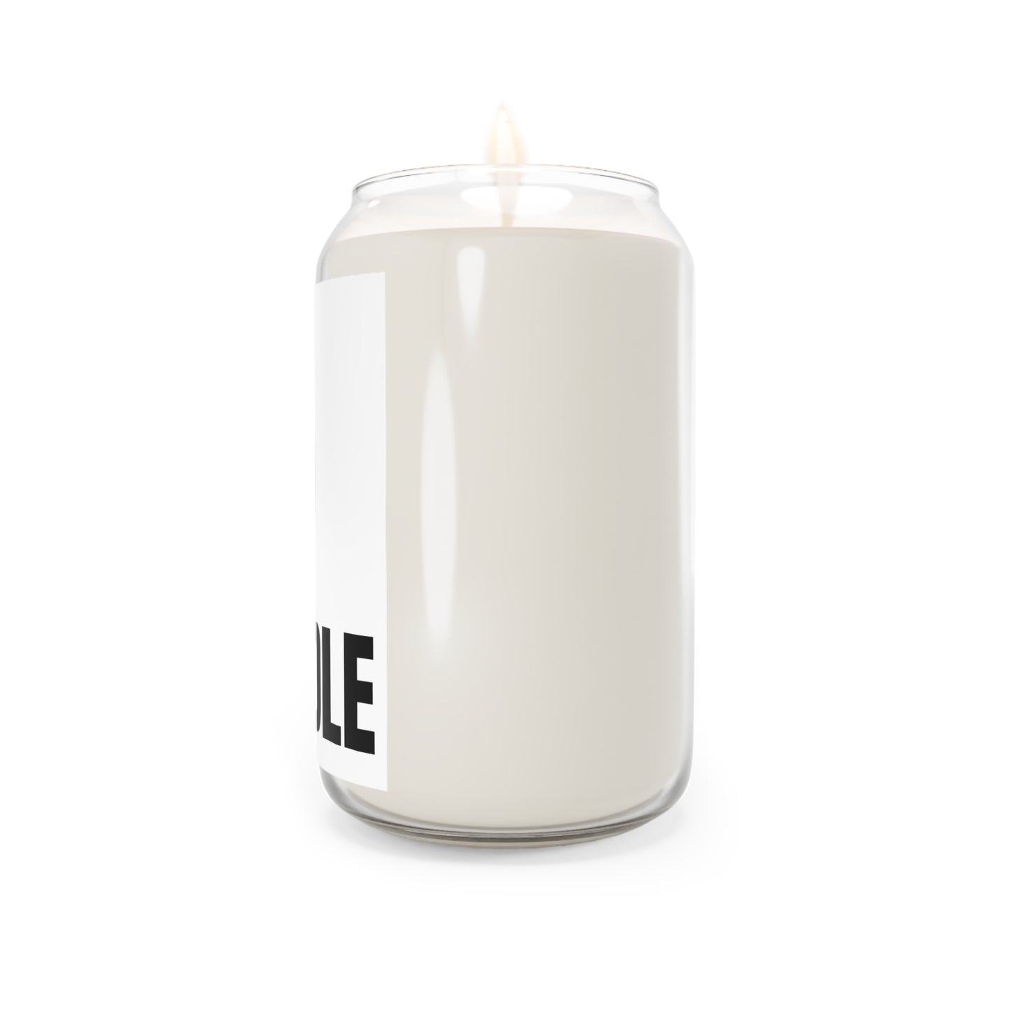 White candle in a glass jar with a black label on a white background