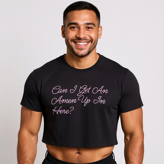 Man wearing a black t-shirt with text "Can I Get An Amen Up In Here" on a plain background