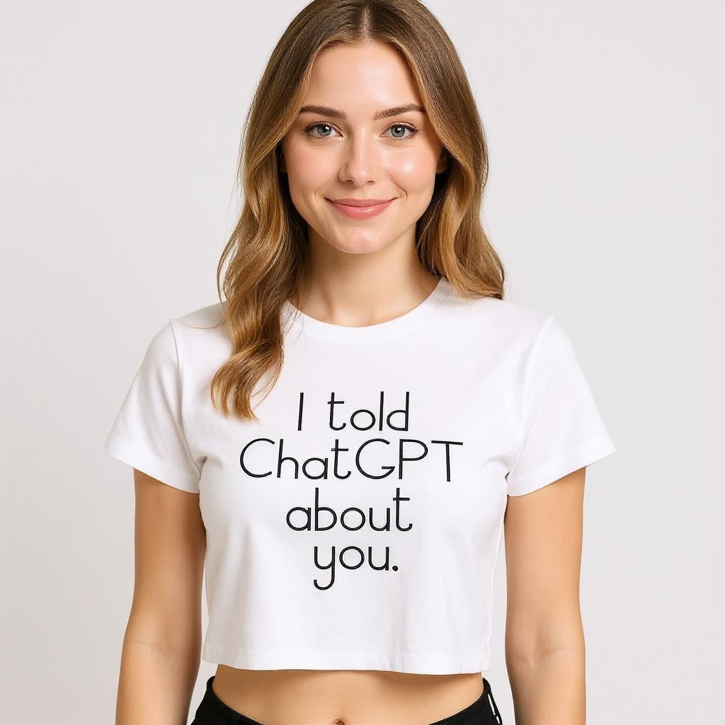 Woman wearing a white t-shirt with text 'I told ChatGPT about you' on a plain background
