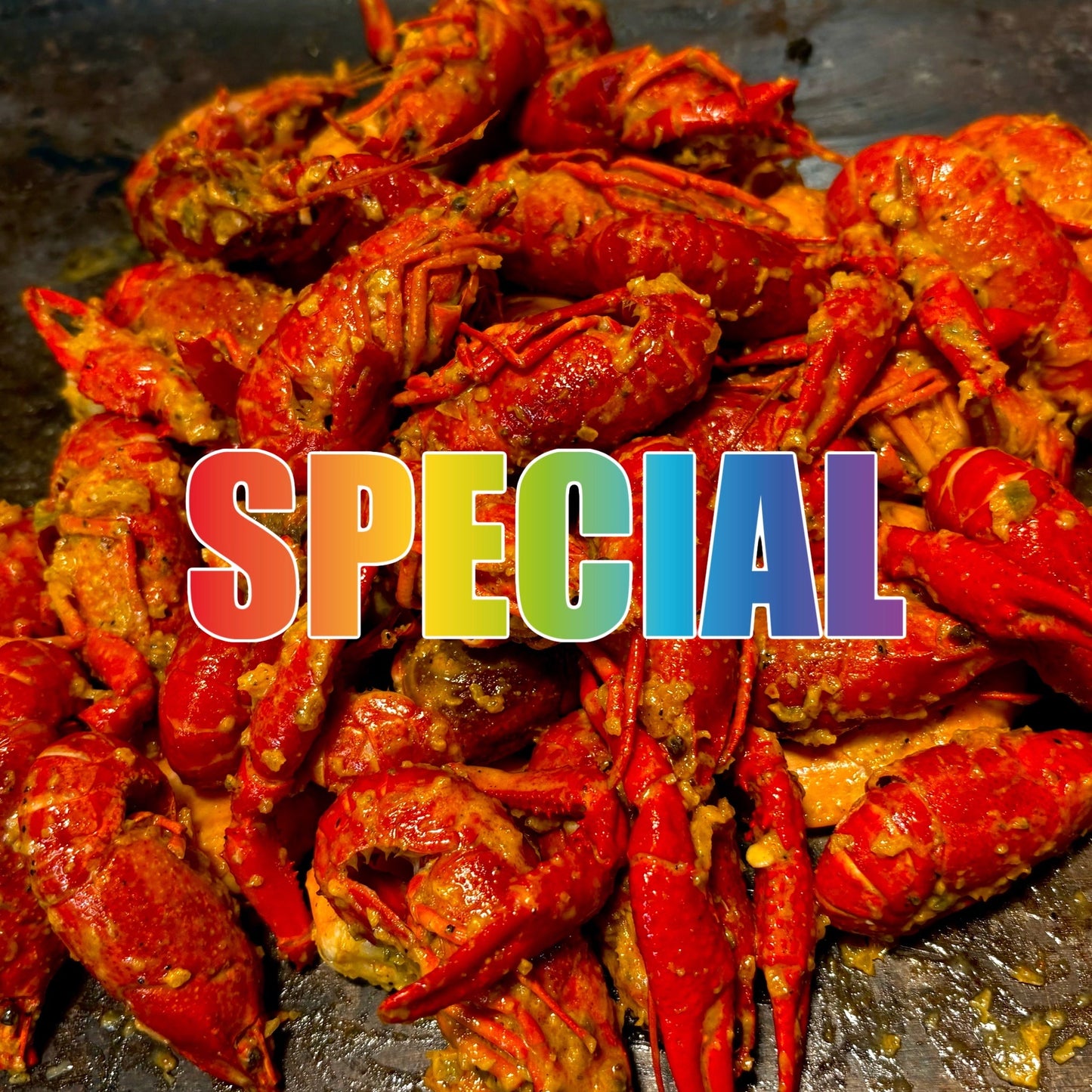 Stack of cooked crawfish with the word 'SPECIAL' overlayed in colorful letters. Every Tuesday and Friday at Bayou Weho, it's $10 pounds of all-you-can-eat crawfish boils!