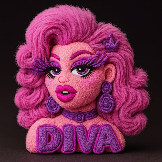 Plush toy with pink hair and 'DIVA' text on a black background representing the cheapest bar in los angeles, the iconic bayou weho.