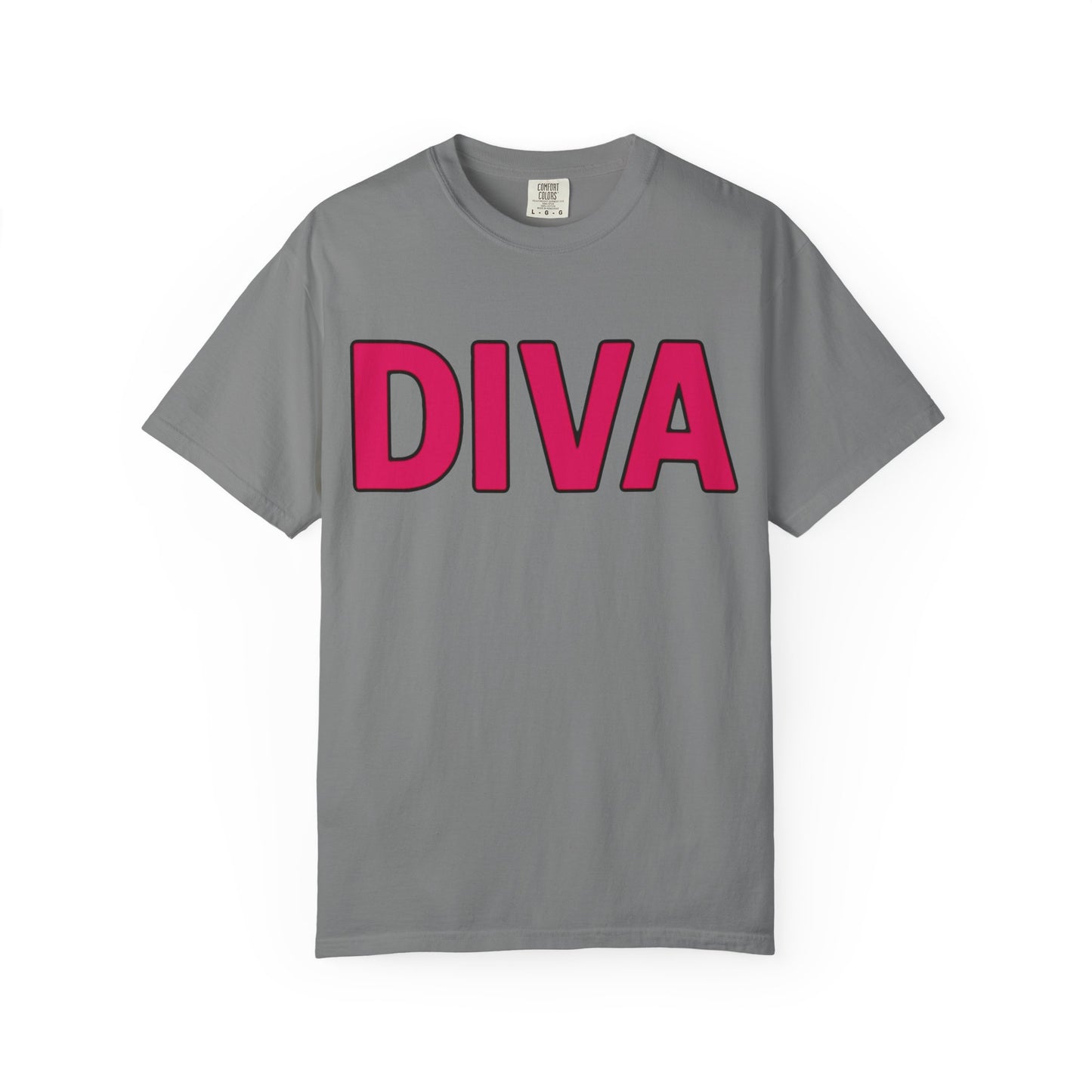 Gray t-shirt with pink 'DIVA' text on a white background