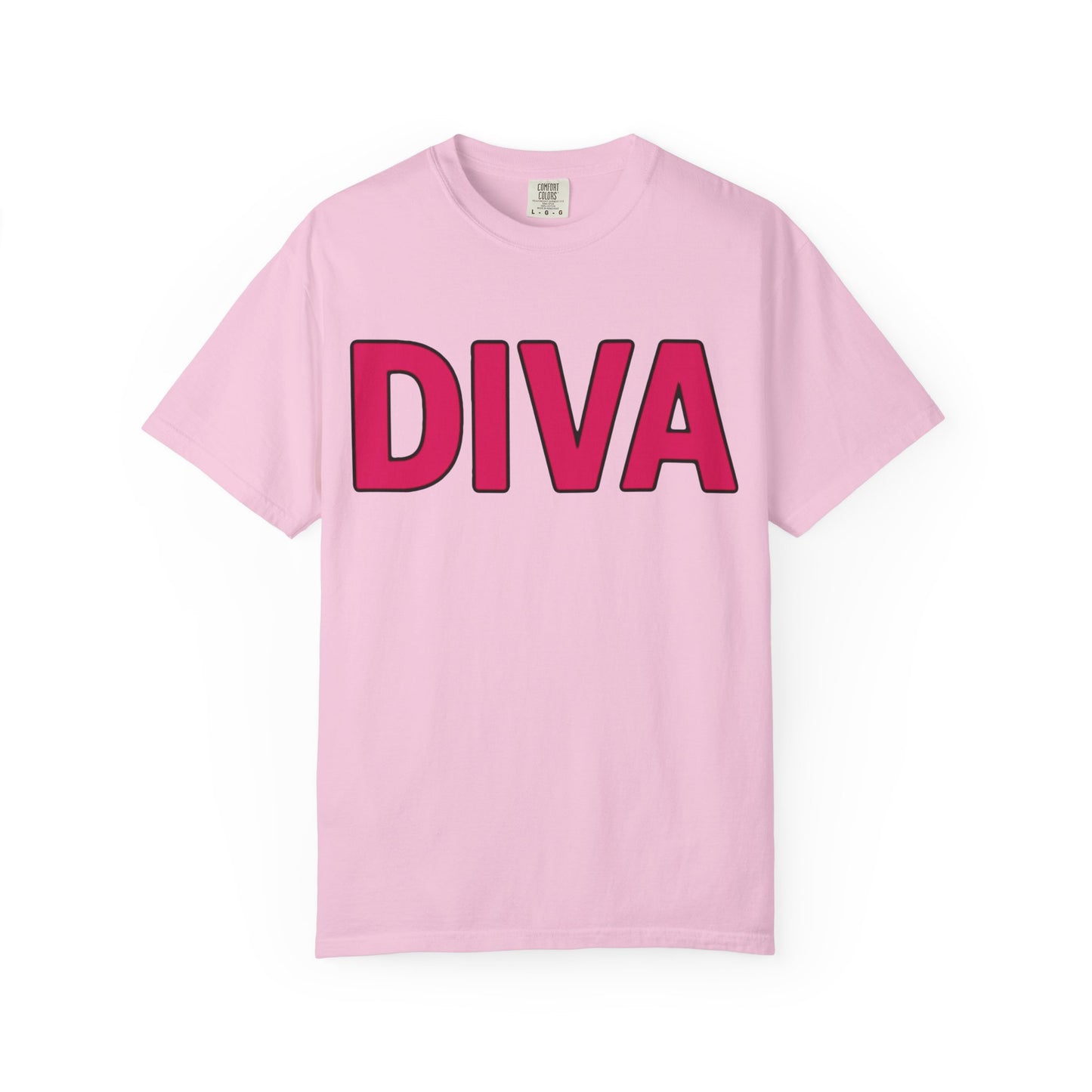 Pink t-shirt with 'DIVA' printed in red on a white background
