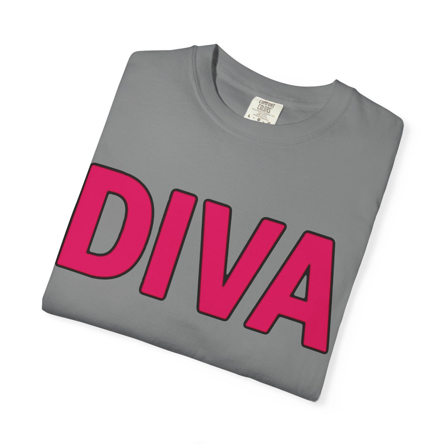 Gray t-shirt with 'DIVA' in pink on a white background