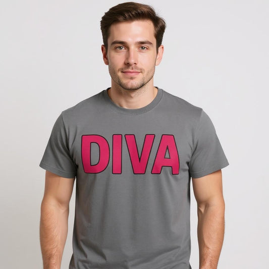 Person wearing a gray Comfort Colors DIVA t-shirt with bold hot pink lettering, LGBTQ pride apparel, and a unisex garment-dyed tee for queer fashion and inclusive streetwear style.
