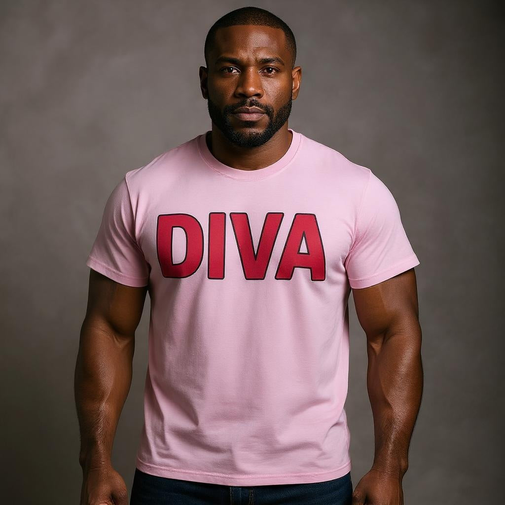A confident Black model wearing a pink T-shirt with bold red “DIVA” lettering, showcasing queer streetwear, gender-inclusive fashion, and bold LGBTQ+ pride apparel.
