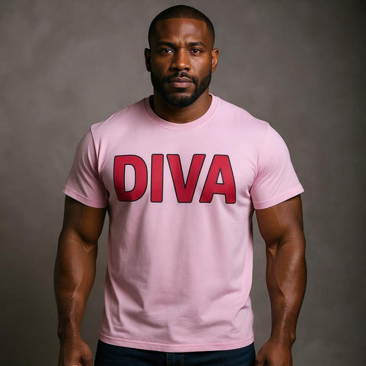 A confident Black model wearing a pink T-shirt with bold red “DIVA” lettering, showcasing queer streetwear, gender-inclusive fashion, and bold LGBTQ+ pride apparel.