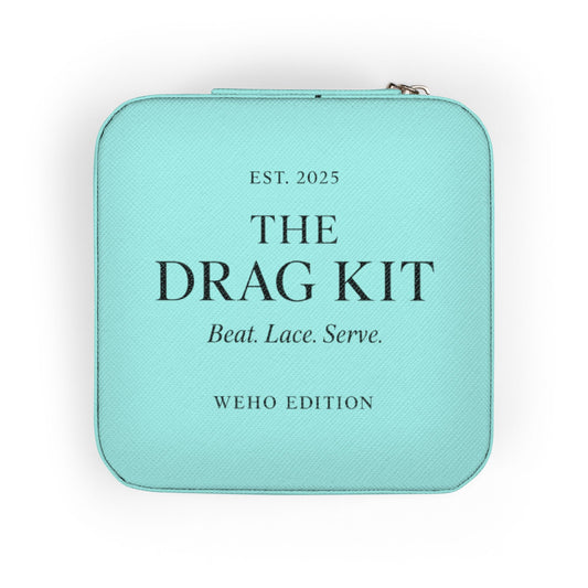 Turquoise case with text 'The Drag Kit' on a white background