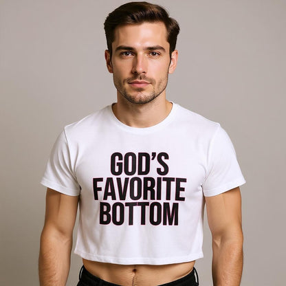 Man wearing a white t-shirt with 'GOD'S FAVORITE BOTTOM' text on a plain background